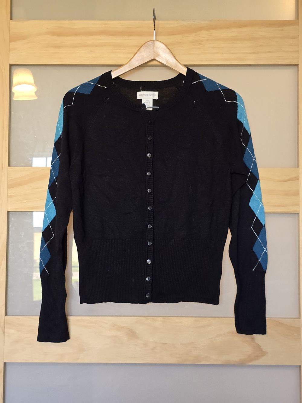 Worthington Black Cardigan with Two Tone Blue Argyle Sleeve Detail~academia